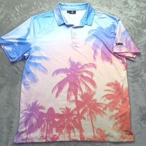 GreenSide Golf Men's XL Sunset Palm Tree Performance Polo Shirt Blue Pink Purple